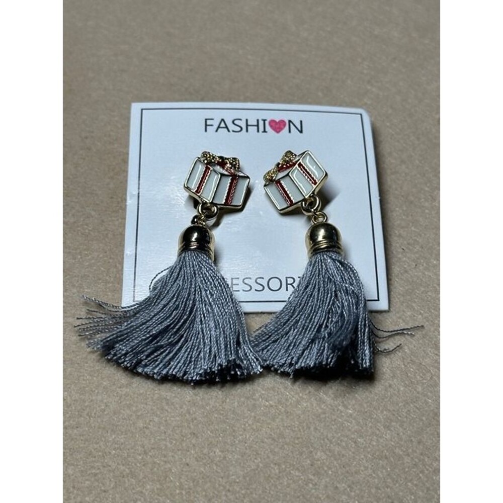 gold tone gift box charm gray tassel drop earrings holiday jewelry nwt new